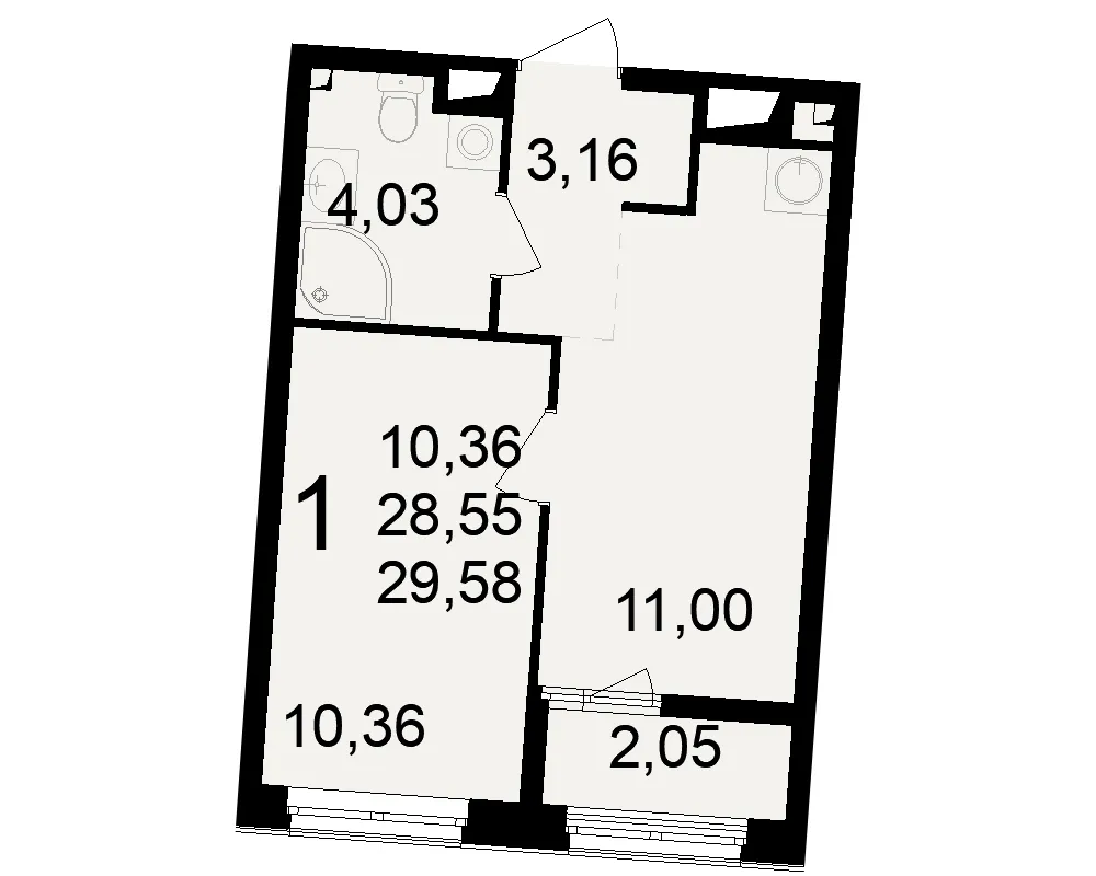 Планировка 1-комнатная, 29.58 м²