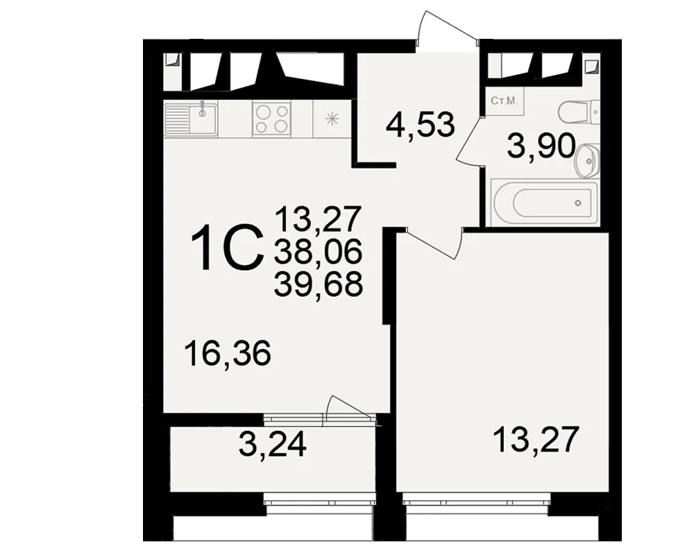 Планировка 1-комнатная, 39.68 м²