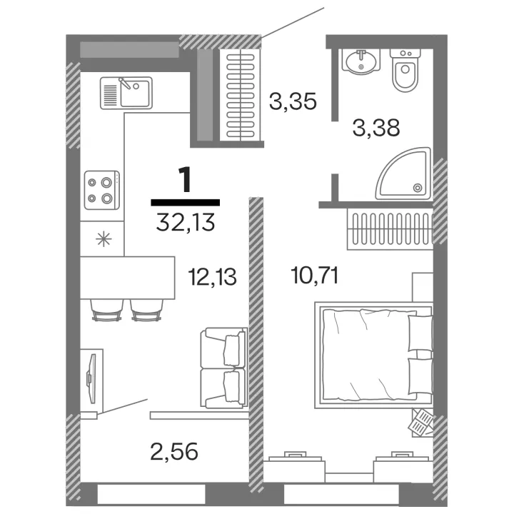 Планировка 1-комнатная, 32.13 м²