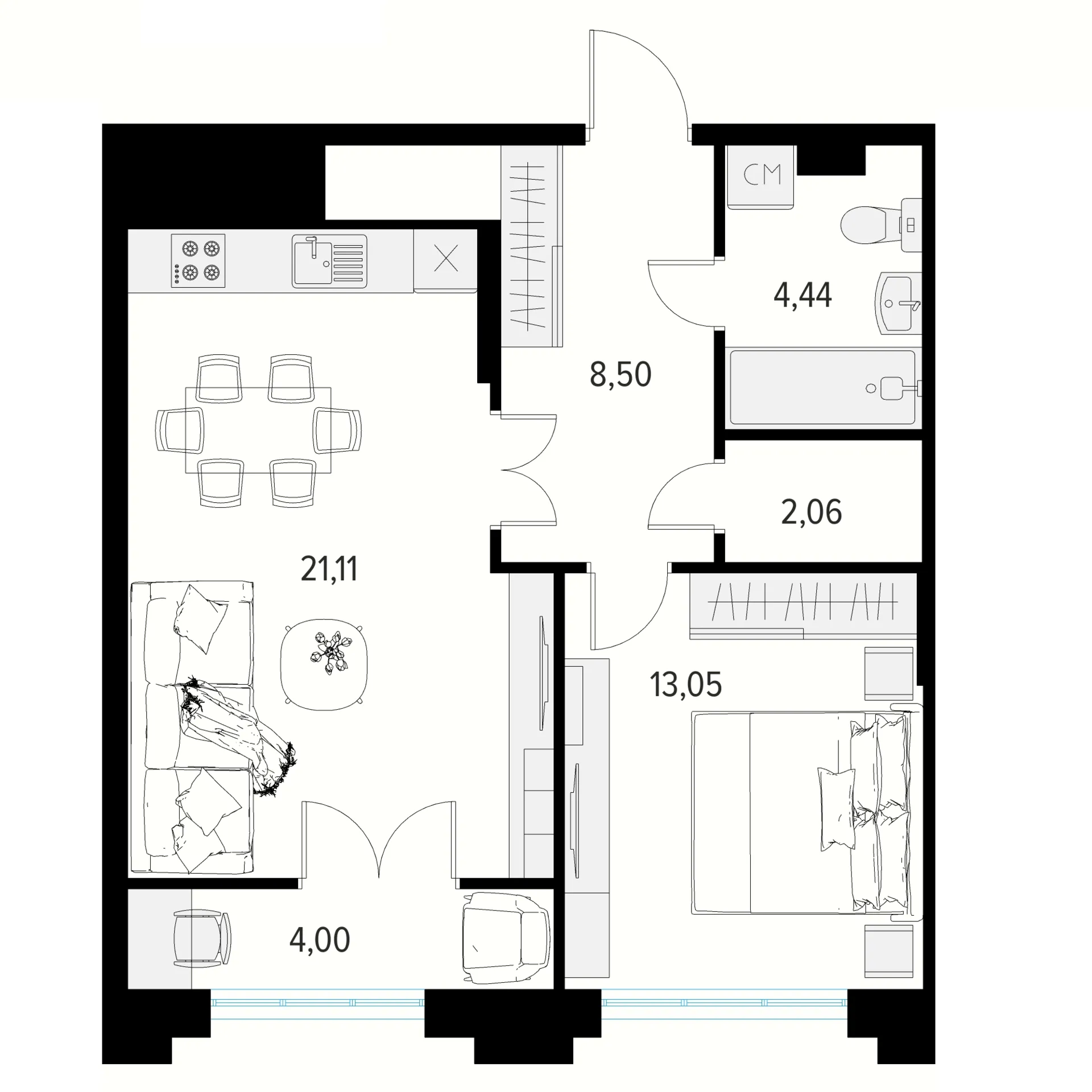 Планировка 1-комнатная, 52.16 м²