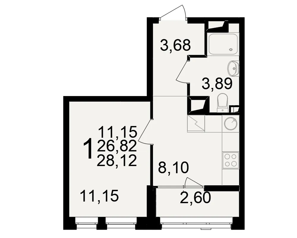 Планировка 1-комнатная, 28.12 м²