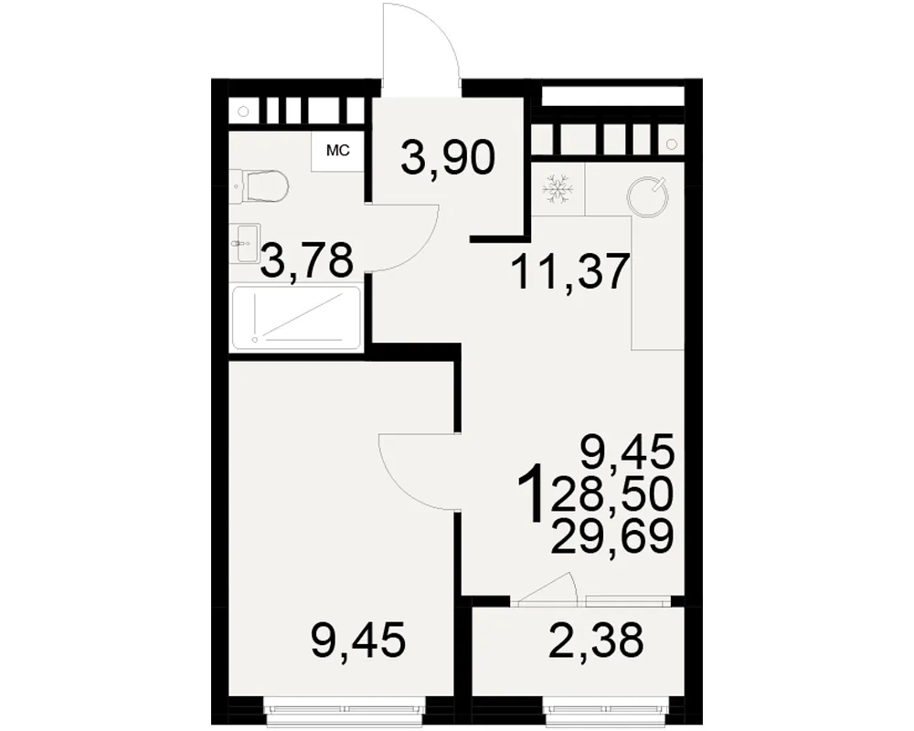 Планировка 1-комнатная, 29.69 м²