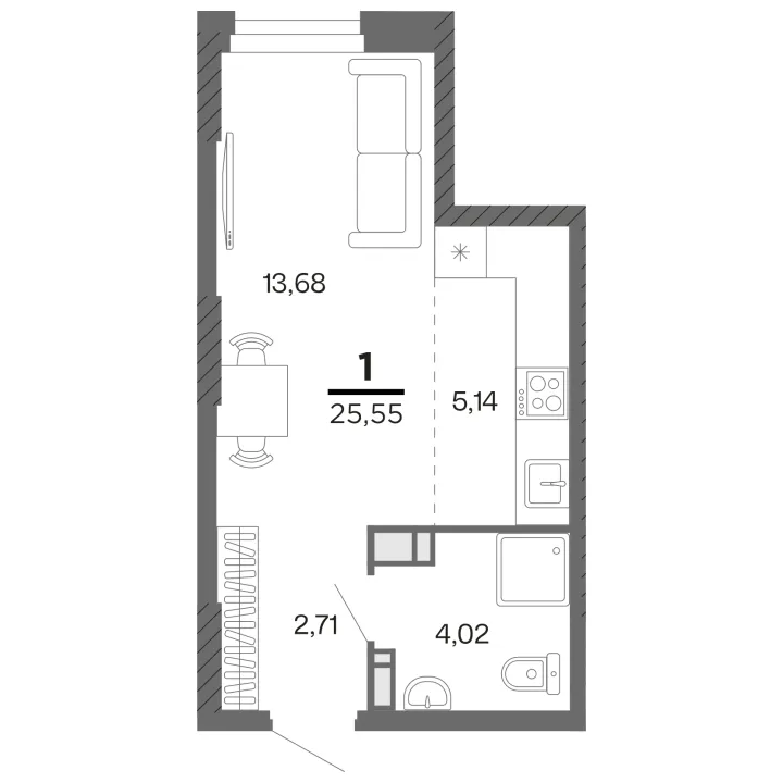 Планировка Студия, 25.55 м²