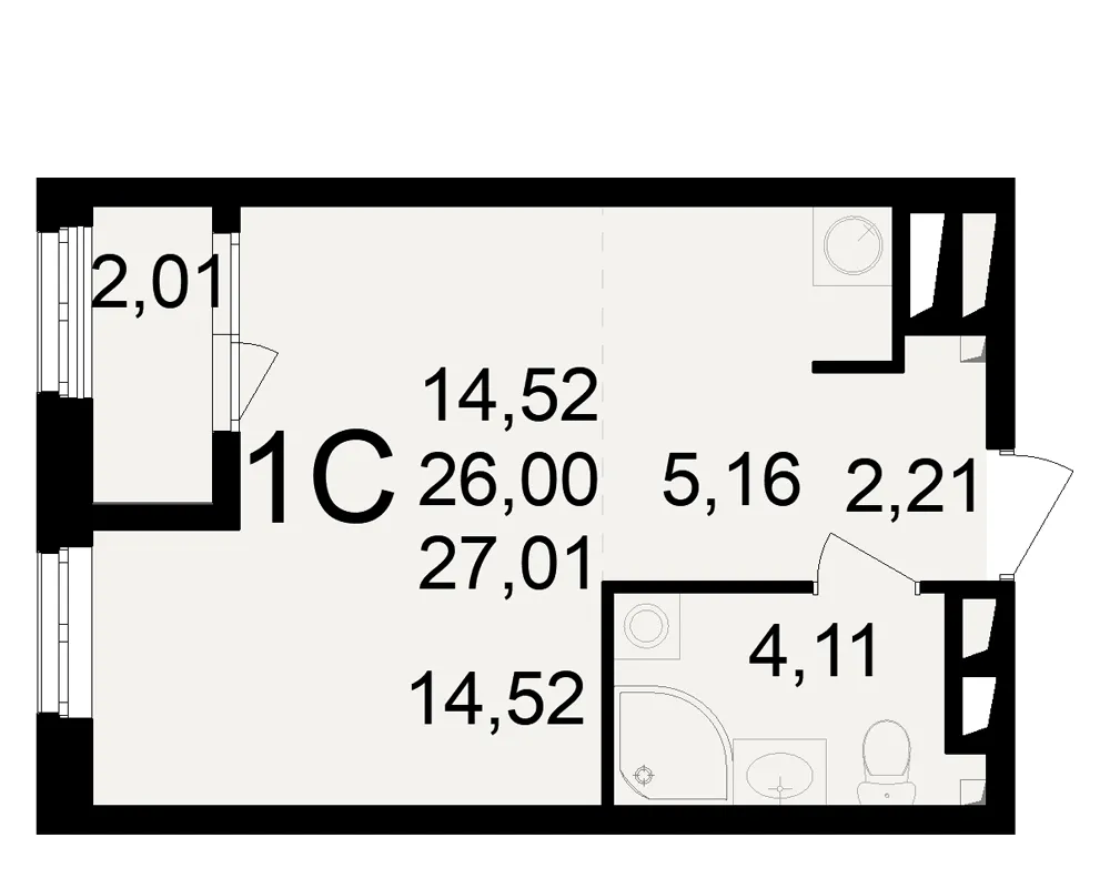 Планировка 1-комнатная, 27.01 м²