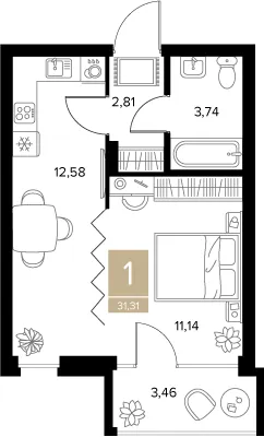 Планировка 1-комнатная, 31.31 м²
