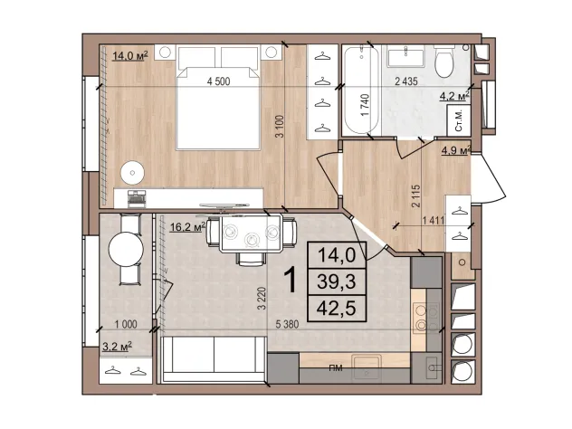 Планировка 1-комнатная, 42.5 м²