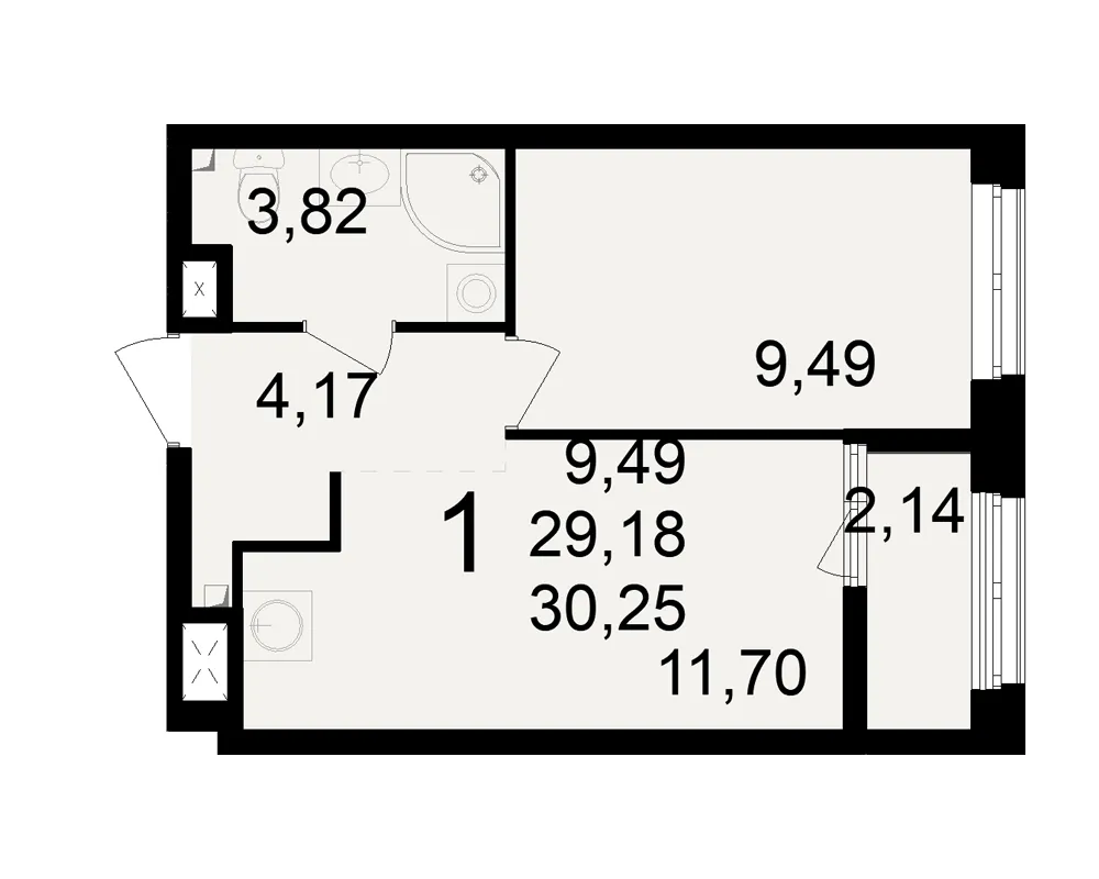 Планировка 1-комнатная, 30.25 м²