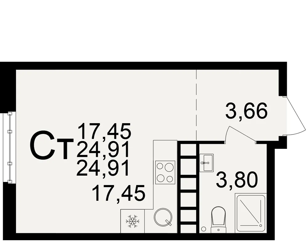 Планировка 1-комнатная, 24.91 м²
