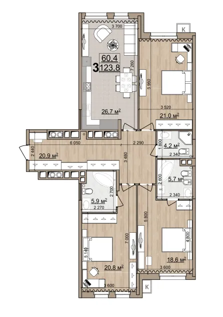 Планировка 3-комнатная, 123.8 м²