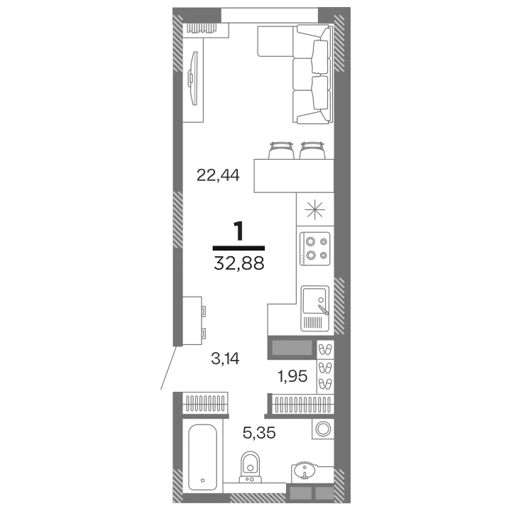 Планировка 1-комнатная, 32.88 м²