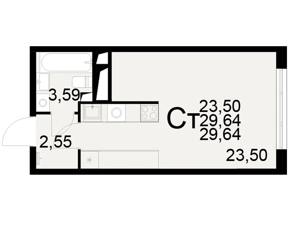 Планировка 1-комнатная, 29.64 м²
