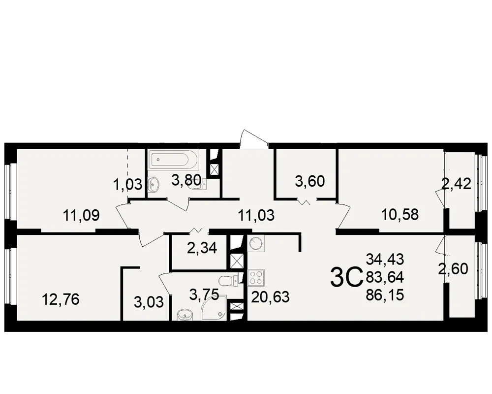 Планировка 3-комнатная, 86.15 м²
