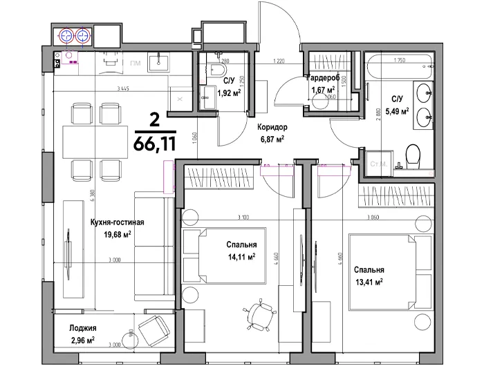 Планировка 2-комнатная, 66.11 м²