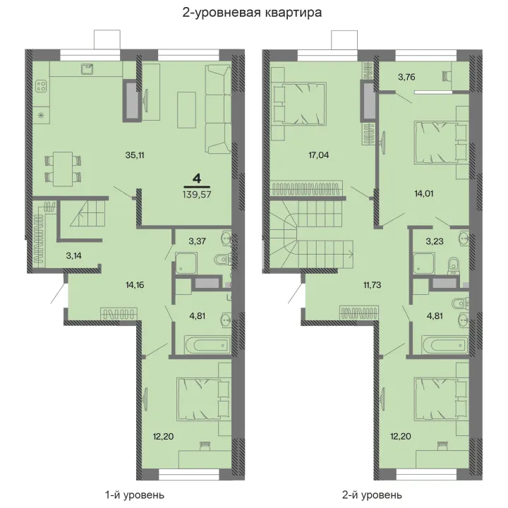 Планировка 4-комнатная, 139.57 м²