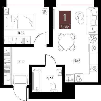 Планировка 1-комнатная, 34.83 м²