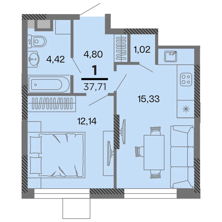 Планировка 1-комнатная, 37.71 м²
