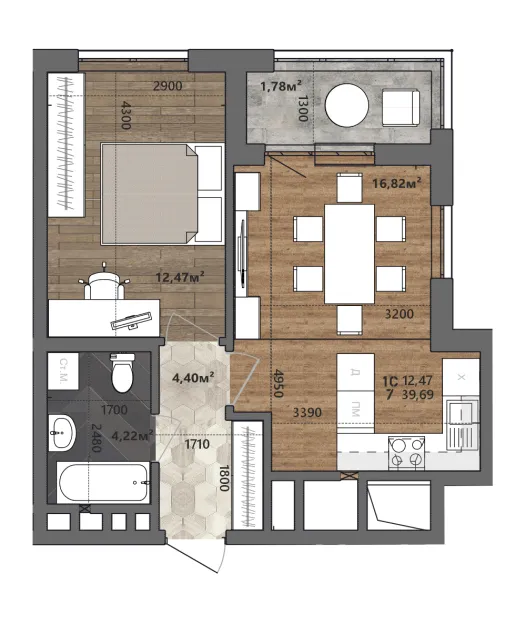 Планировка 1-комнатная, 39.69 м²