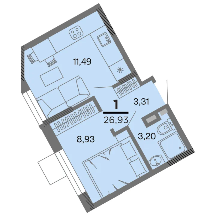 Планировка 1-комнатная, 26.93 м²
