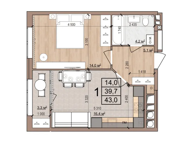 Планировка 1-комнатная, 43 м²