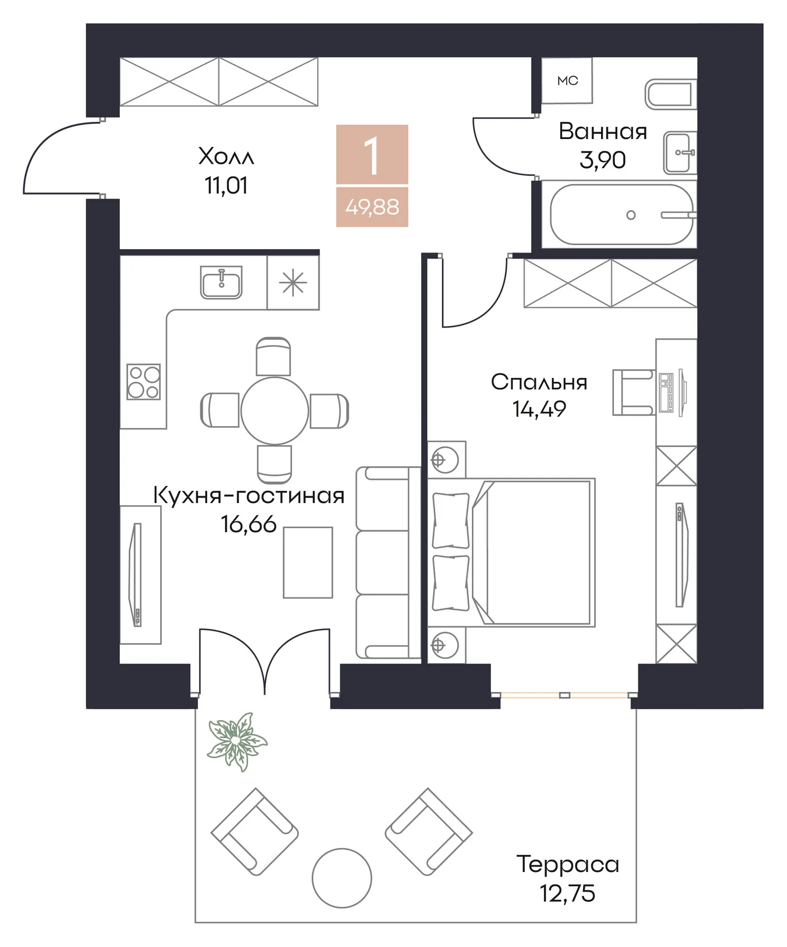 Планировка 1-комнатная, 49.89 м²