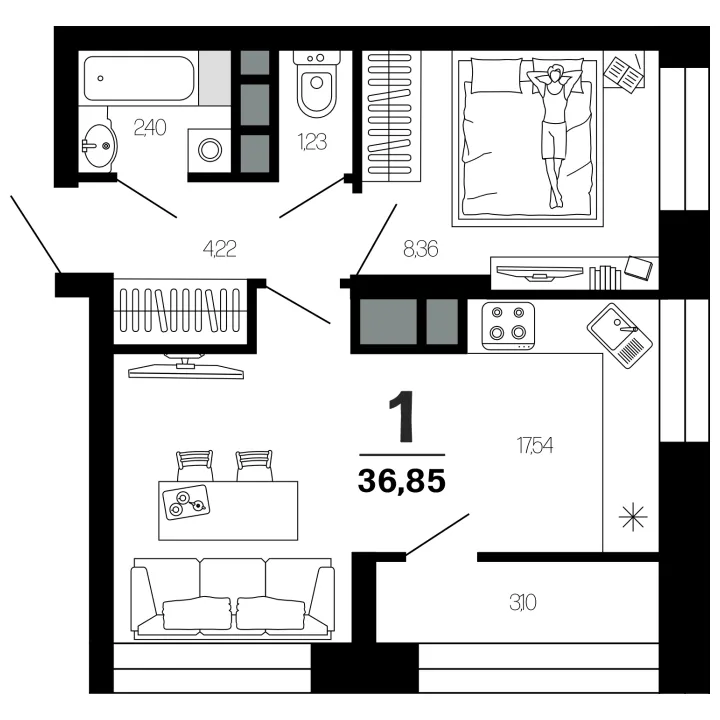 Планировка 1-комнатная, 36.85 м²