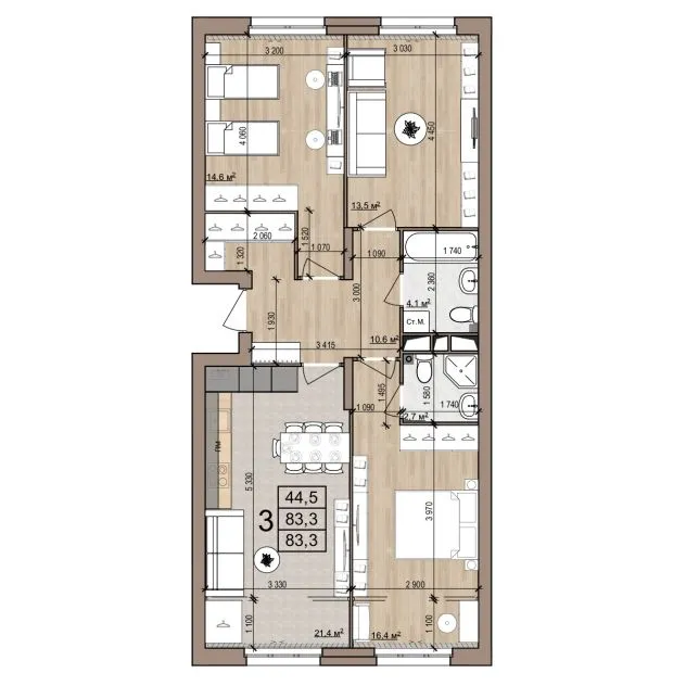 Планировка 3-комнатная, 83.3 м²