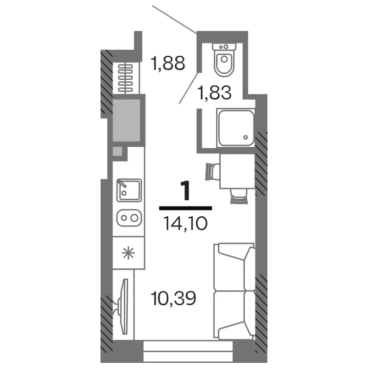 Планировка 1-комнатная, 14.1 м²
