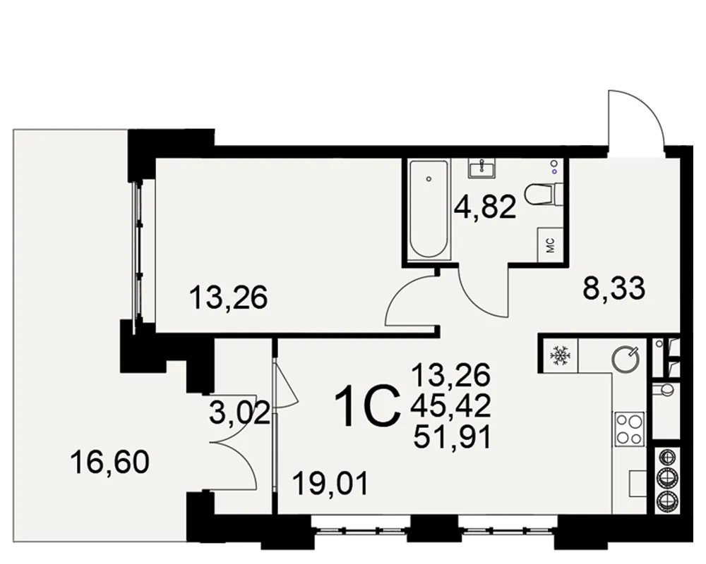 Планировка 1-комнатная, 51.91 м²