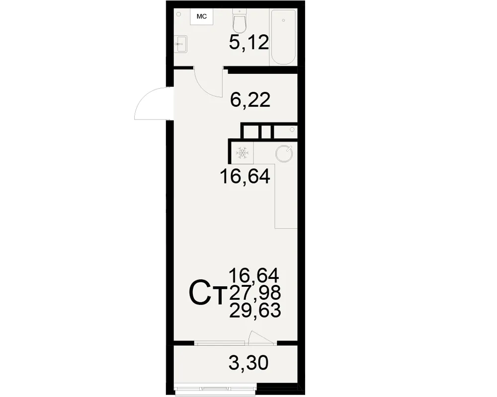 Планировка 1-комнатная, 29.63 м²