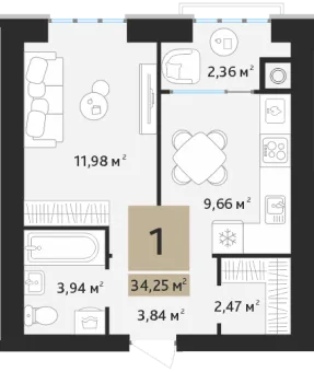 Планировка 1-комнатная, 34.47 м²