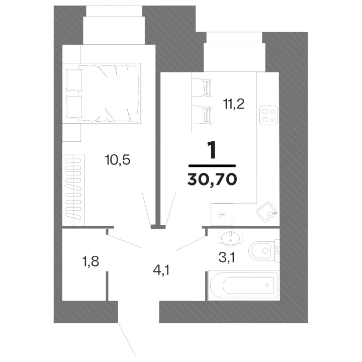 Планировка 1-комнатная, 30.7 м²