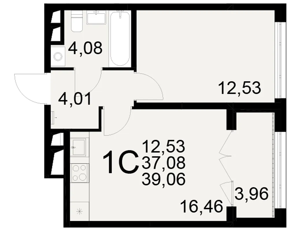 Планировка 1-комнатная, 39.06 м²