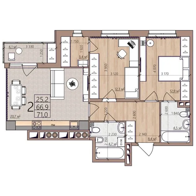 Планировка 2-комнатная, 71 м²