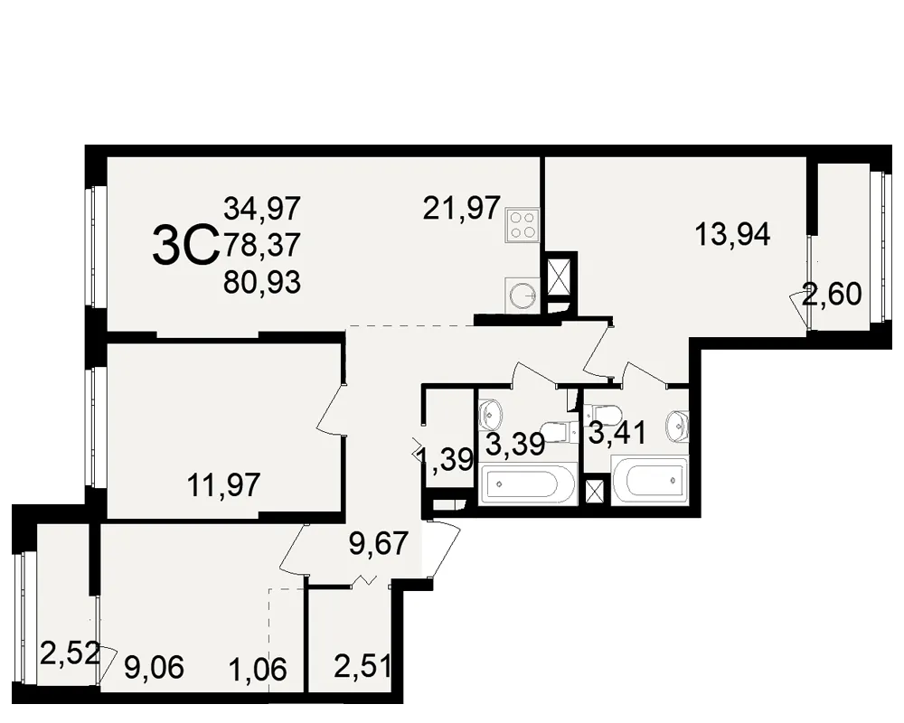 Планировка 3-комнатная, 80.93 м²