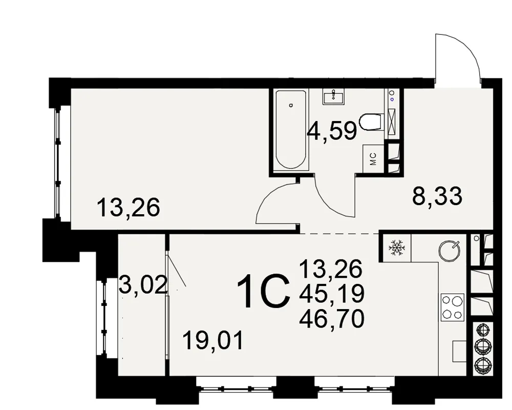 Планировка 1-комнатная, 46.7 м²