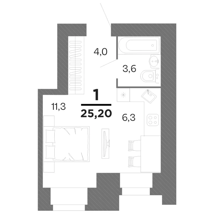 Планировка Студия, 25.2 м²