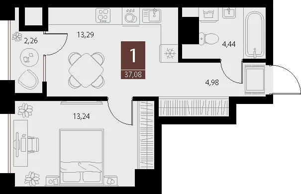 Планировка 1-комнатная, 37.08 м²