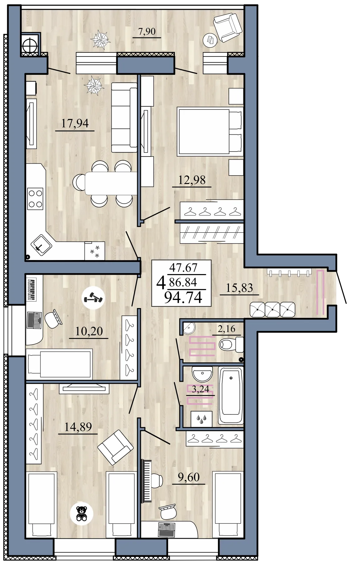 Планировка 3-комнатная, 94.74 м²