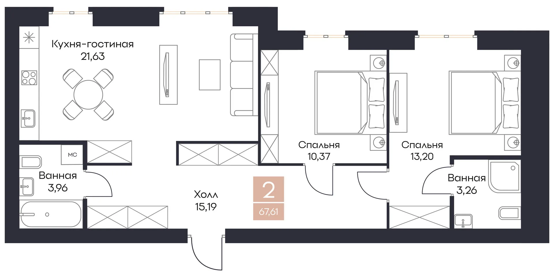 Планировка 2-комнатная, 67.61 м²