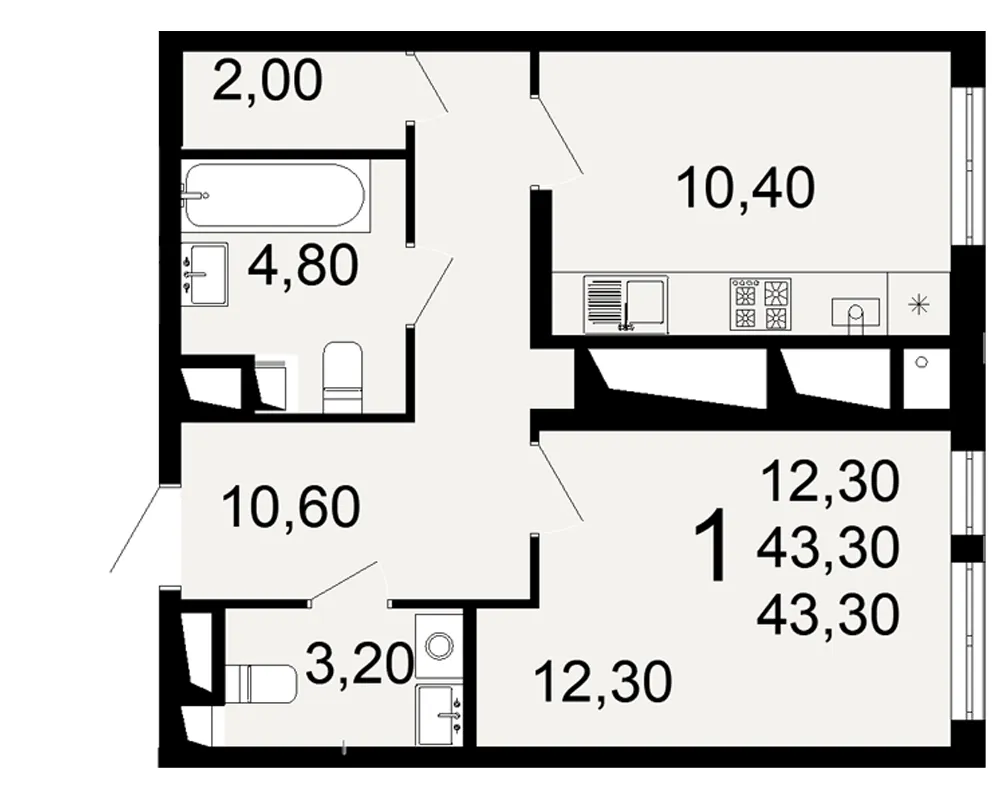 Планировка 1-комнатная, 43.3 м²