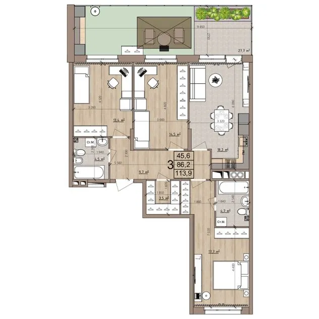 Планировка 3-комнатная, 113.9 м²