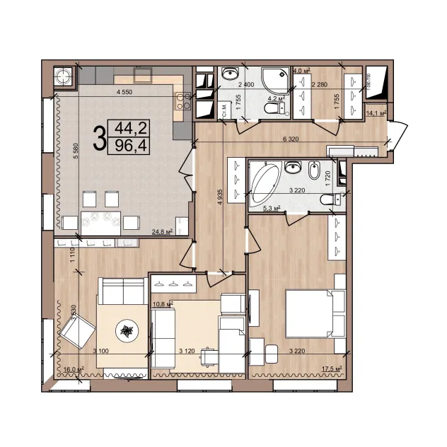 Планировка 3-комнатная, 96.4 м²