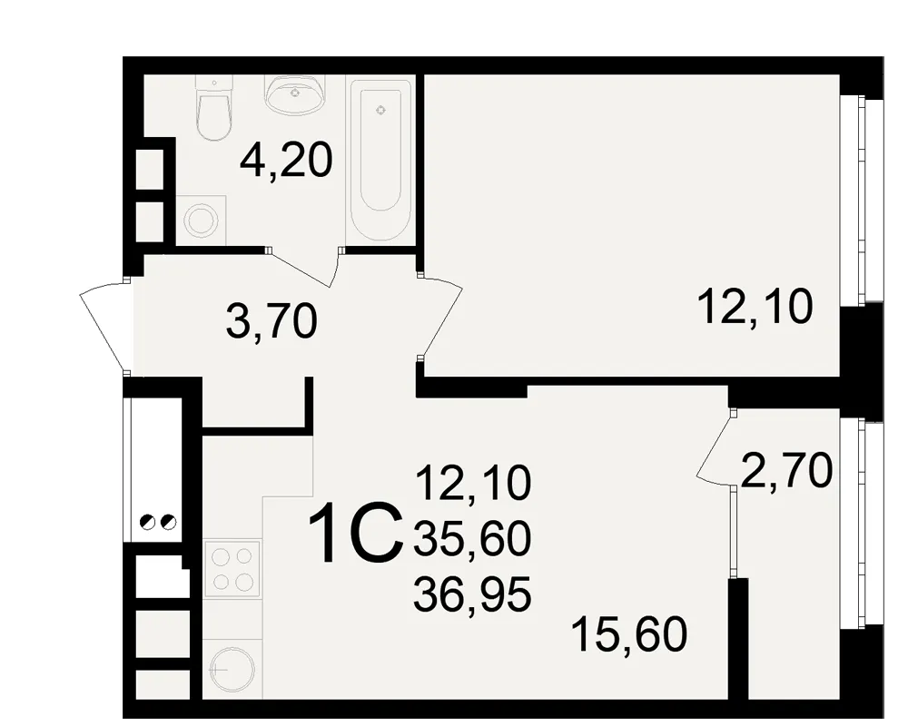 Планировка 1-комнатная, 36.95 м²