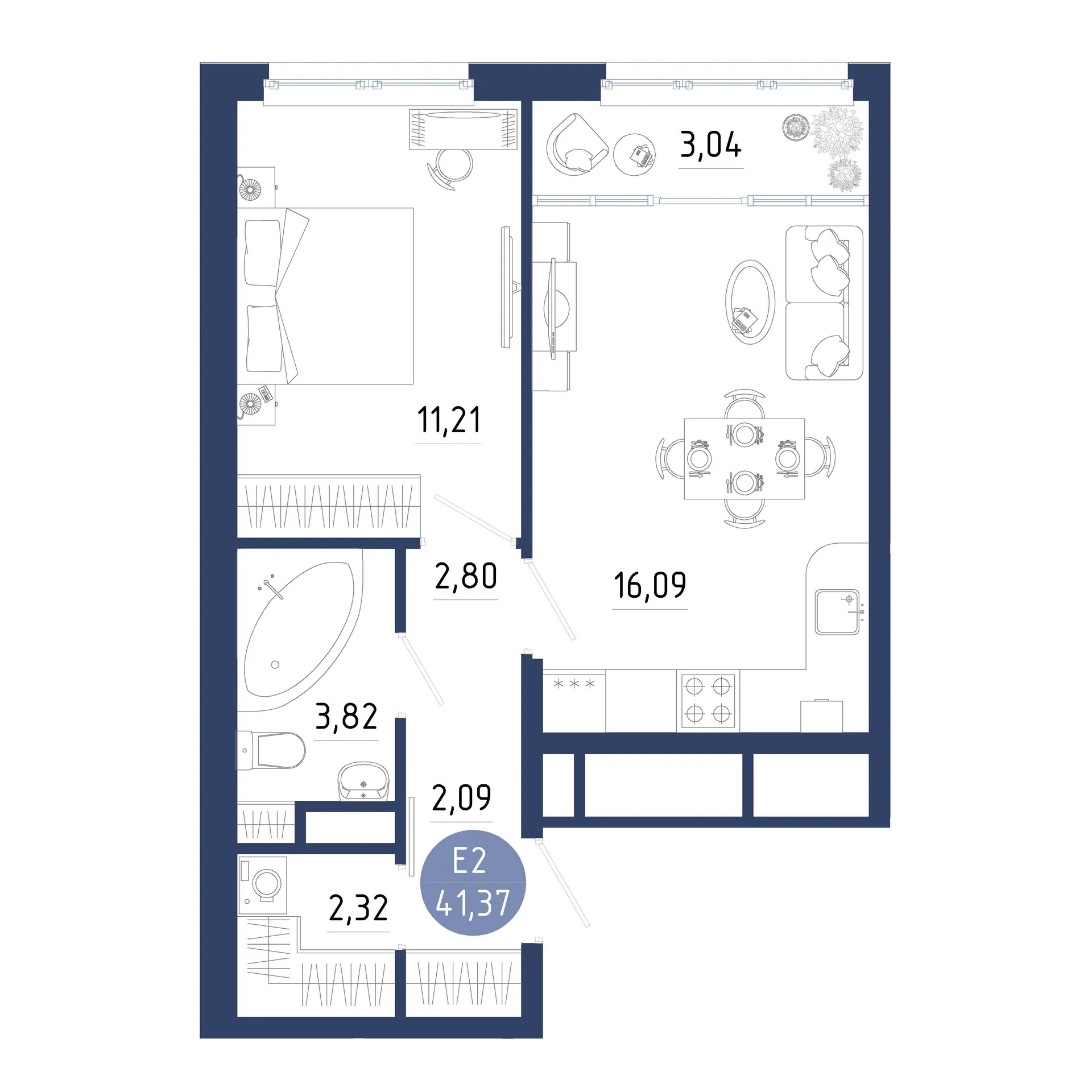 Планировка 1-комнатная, 41.37 м²