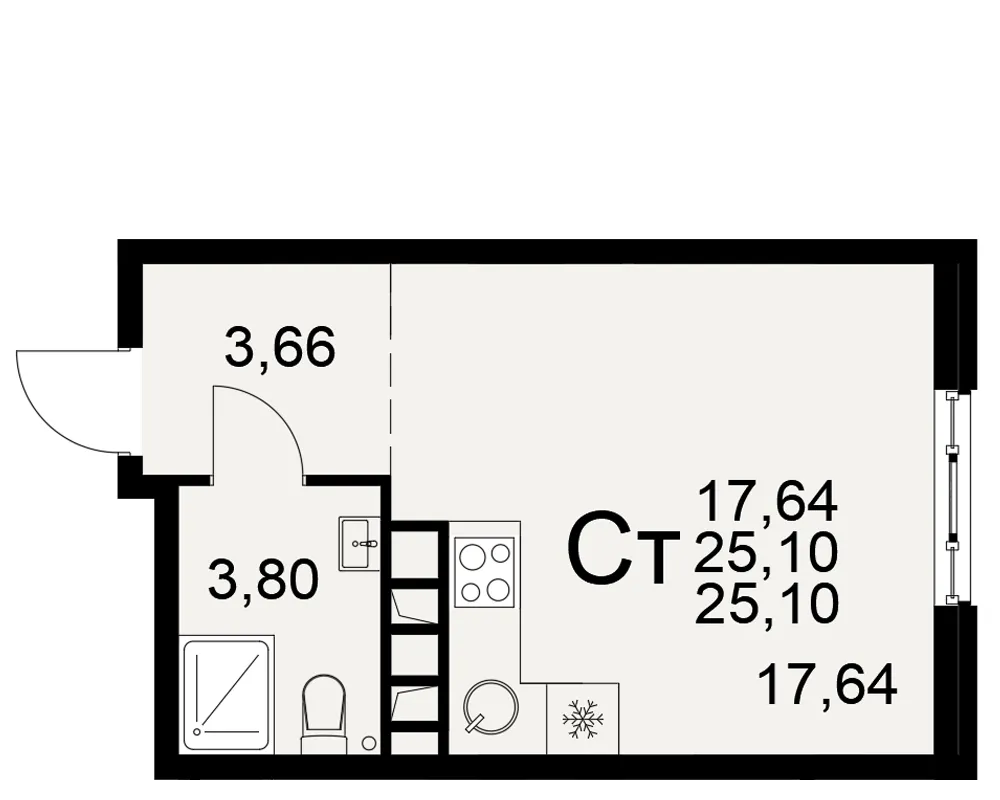 Планировка 1-комнатная, 25.1 м²