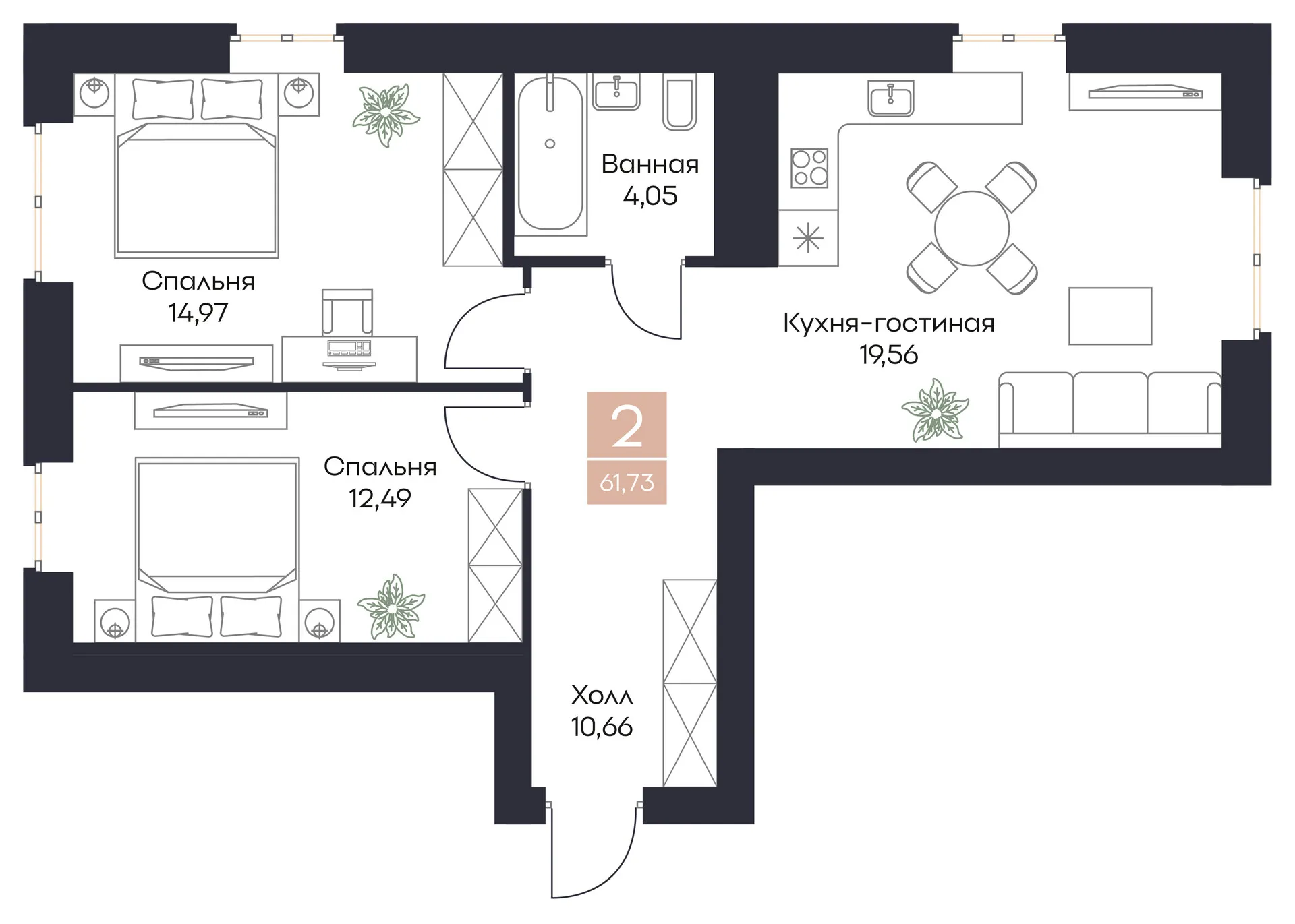 Планировка 2-комнатная, 61.73 м²