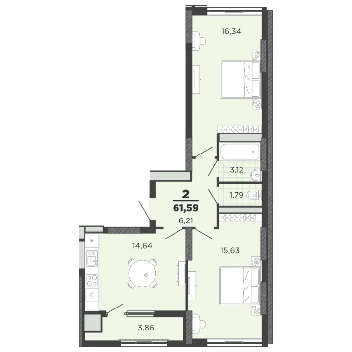Планировка 2-комнатная, 61.59 м²