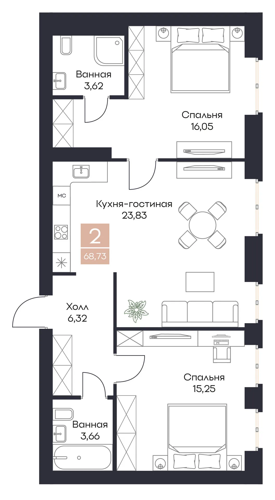 Планировка 2-комнатная, 68.73 м²