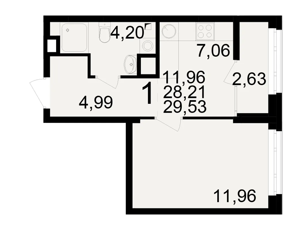 Планировка 1-комнатная, 29.53 м²