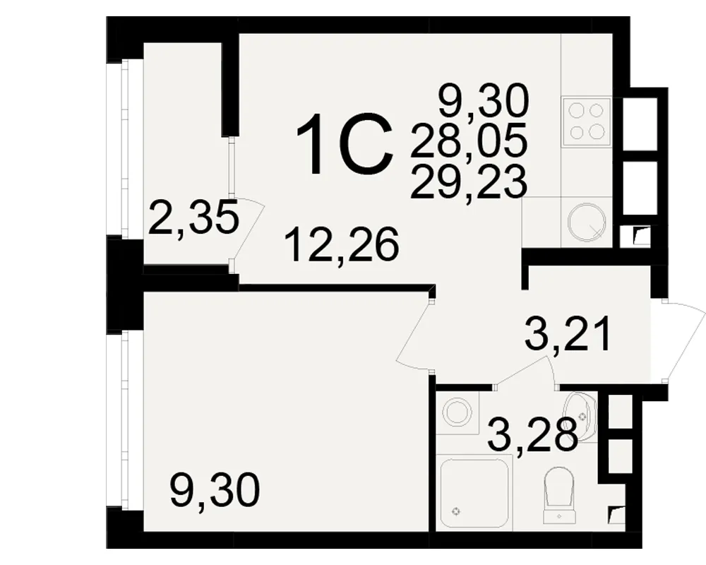 Планировка 1-комнатная, 29.23 м²